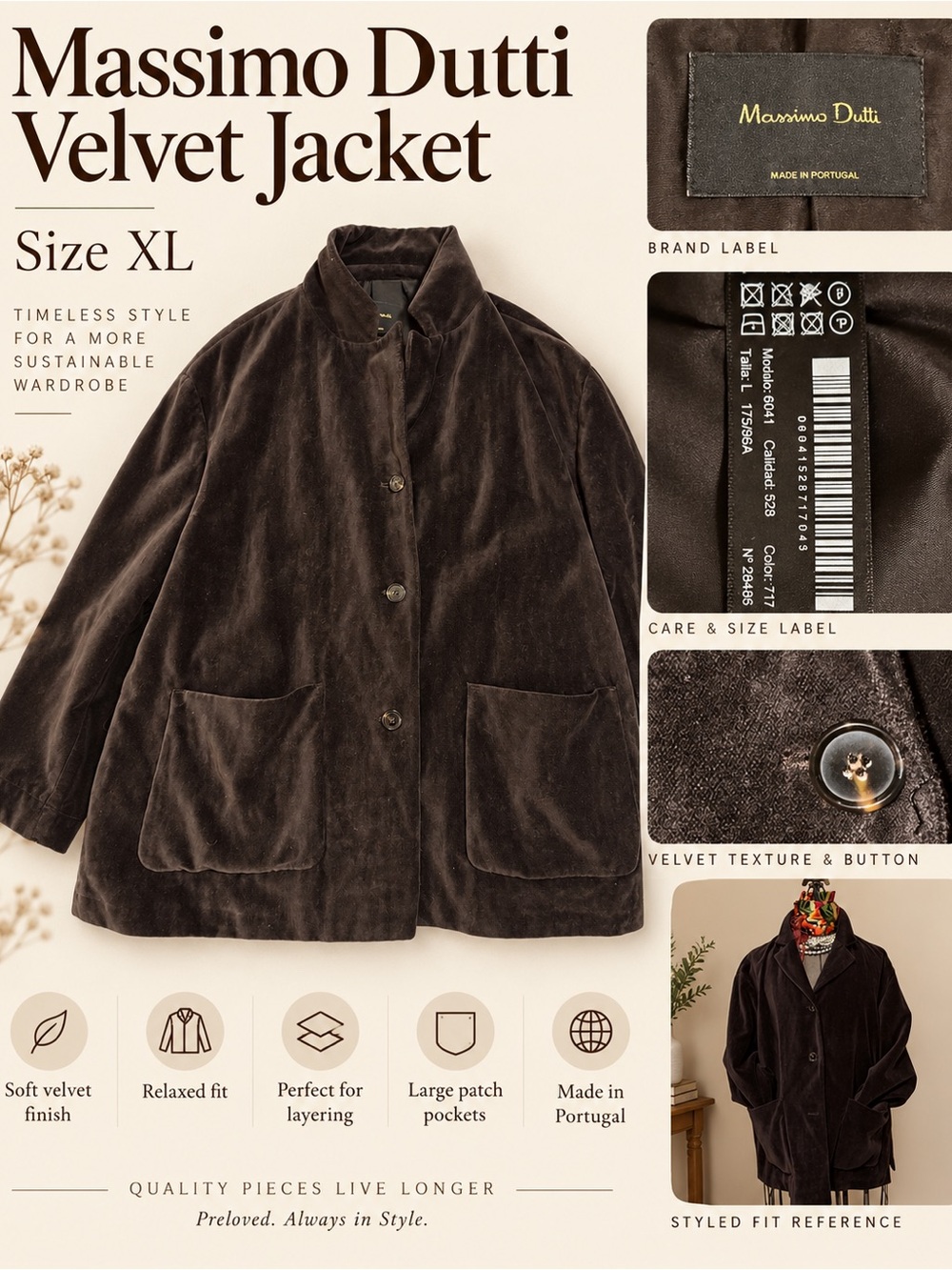 Massimo Dutti Chocolate Brown Velvet Pea Coat